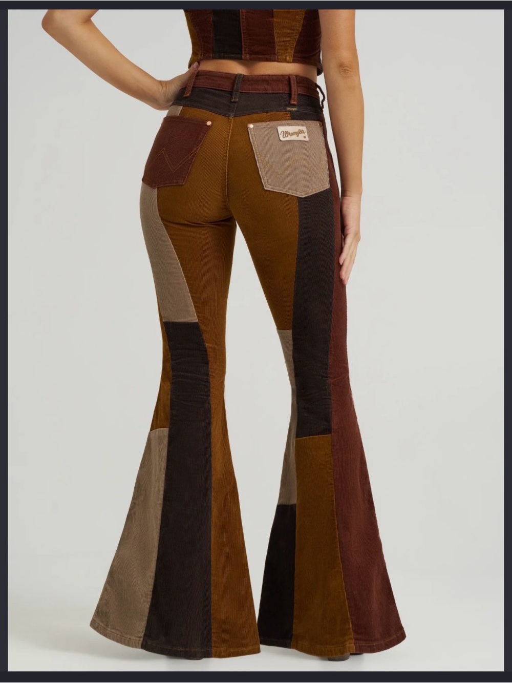 Patchwork Corduroy Flared Jeans - Brown Multi Fall Lainey Wilson 622 wrangler